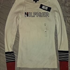 New Tommy Hilfiger Women's Cream and Red Top Shirt Blouse Xs Extra Small